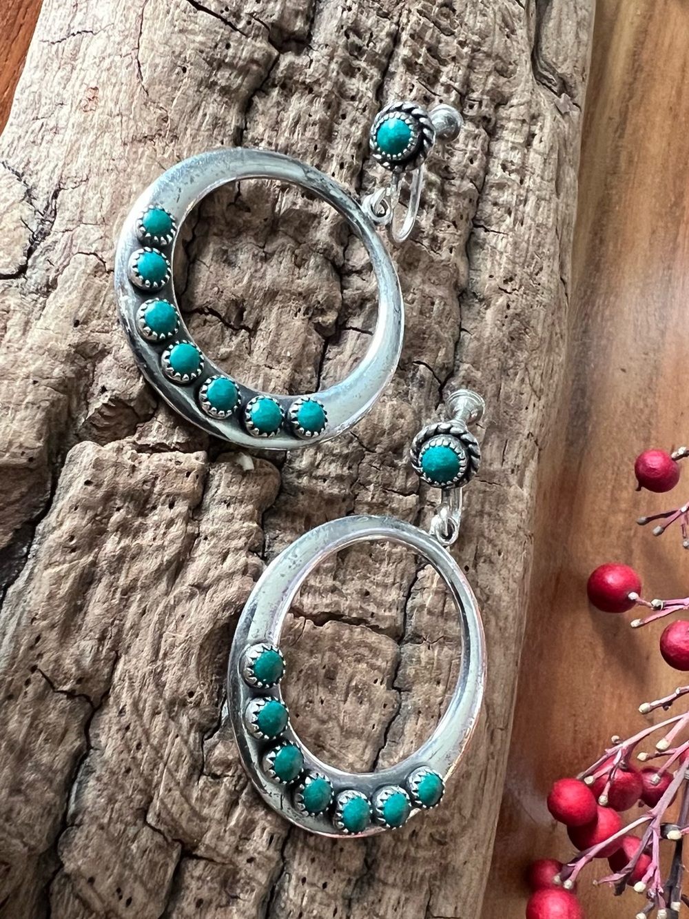 Navajo Zuni Native American Dangle Earrings Turquoise ScrewBack Sterling Silver